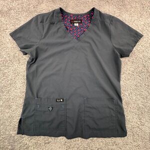 Koi Basics Women's Size M Grey V Neck Scrub Top Style Medium Red Flowers